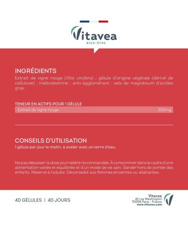 Vitavea Bien- tre - Compl ment Alimentaire Circulation - Vigne Rouge - Jambes L g res et Circulation sanguine - Pilulier de 40 g lules - Cure 40 jours - Fabriqu en France Nouveau - Vigne Rouge - Buy Online on GoSupps.com