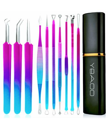 Blackhead Remover Extractor Tool Ybaoo 10 Pcs Professional Surgical Pimple Popper Tool Kit with Metal Case for Quick and Easy Removal of Blackheads Pimples Zit Removing Facial and Nose(Colorful) 10 Piece Set