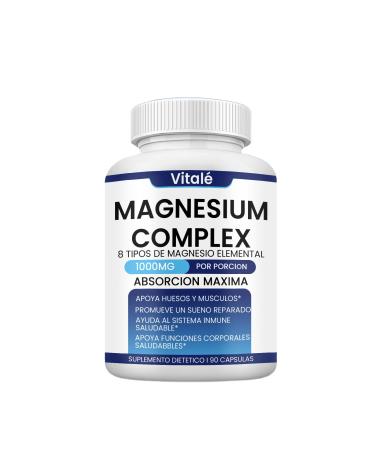 Vitale Magnesium Complex Supplement 8 Elemental 1000mg - Magnesium Glycinate Citrate Malate Taurate Chelated for Easy Absorption for Bones Muscle Recovery Energy Vegan Non-GMO 90 Capsules