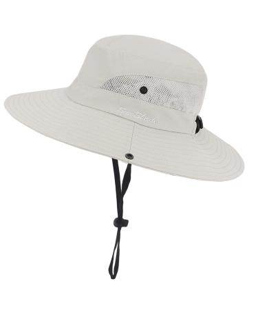 Womens Summer Sun-Hat Outdoor UV Protection Fishing Hat Wide Brim Foldable-Beach-Bucket-Hat with Ponytail-Hole Beige