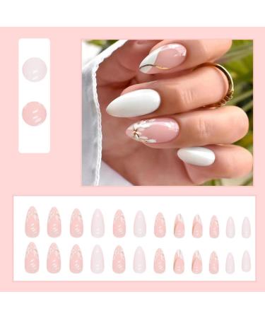 Justotry 24 Pcs White Flower Stiletto False Nails | Milky French Press on Nails | Trendy Swirl Design | Nail Glue & Almond Stick Included | Short & Medium Length | Women's Art Fake Nails - Buy Online on GoSupps.com