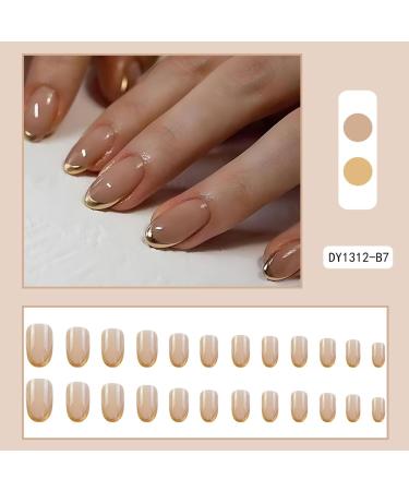 24 Pcs Gold French Tip Press On Nails - Short Oval Full Cover Fake Nails for Women & Girls - Nude Glossy Artificial Finger Manicure - Buy Online on GoSupps.com