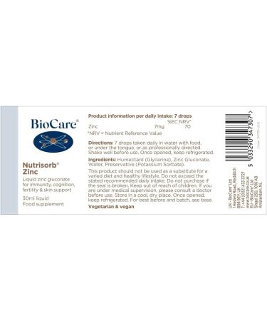 BioCare Nutrisorb Liquid Zinc 30ml | Immunity, Cognitive Function, Fertility & Skin Health - Buy Online on GoSupps.com