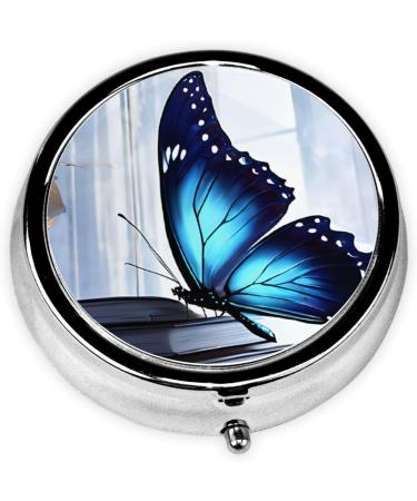 Blue Butterfly Round Pill Box | 3 Compartment Portable Travel Organizer for Pills & Vitamins - Buy Online on GoSupps.com