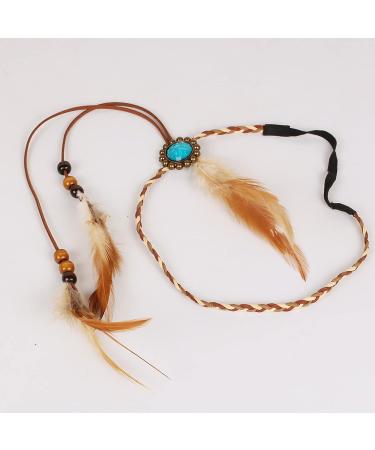 Qisogy Boho Feather Headdress | Beaded Tassel Headband | Turquoise Princess Head Chain | Brown | 48CM - Buy Online on GoSupps.com