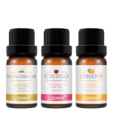 LOXIM Discovery Collection Essential Oil Set of 3 (Santal Sparkle Rose Sugar Citrus Pop) Fragrance Oils for Aromatherapy Diffuser 100% Pure Natural Luxurious Scent Projects