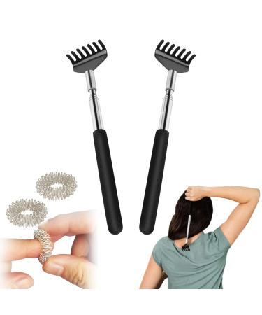 Back scratches 2 pieces black portable pull-out stainless steel telescopic massager for adults men women gifts for men (20 to 69 cm) 2 premium acupressure rings