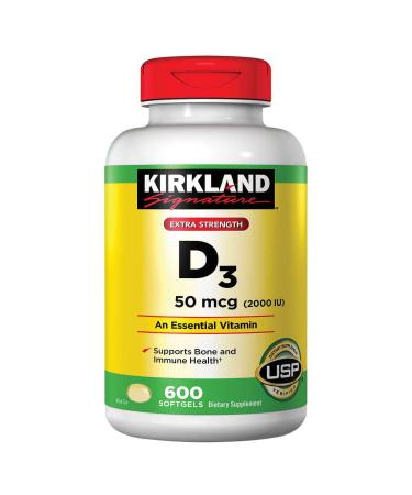 Kirkland Signature Extra Strength Vitamin D3 2000 I.U. 600 Softgels Bottle