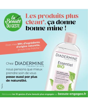 Diadermine - Essentiel Bio - Refreshing Micellar Water - Facial Cleanser - Enriched with Prebiotics of Natural Origin - Certified Organic - 99% ingredients of natural origin - 400ml bottle - Buy Online on GoSupps.com