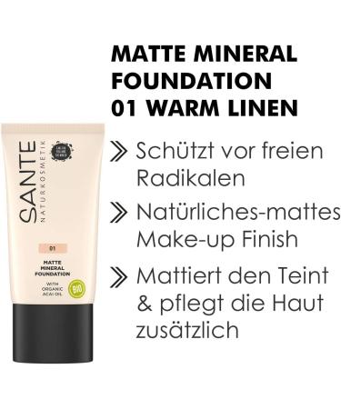 SANTE Naturkosmetik Matte Mineral Foundation 01 Warm Linen Light Shade Matte Finish Natural Makeup Vegan 30 ml - Buy Online on GoSupps.com