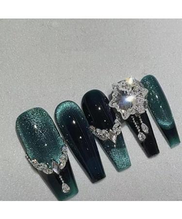 Temperament enhancement nail dark green hand-worn nail new dark dark green cat's eye zircon retro finished nail stickers (10 pieces)(S)