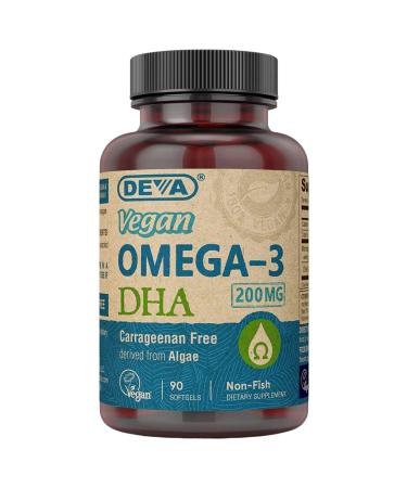 Deva Vegan Omega-3 DHA Supplement - Once-Per-Day Softgels 200 MG - Carrageenan Free - Gelatin Free - Non-Fish - Algae Oil Omega-3 Fatty Acids - 90 Softgels