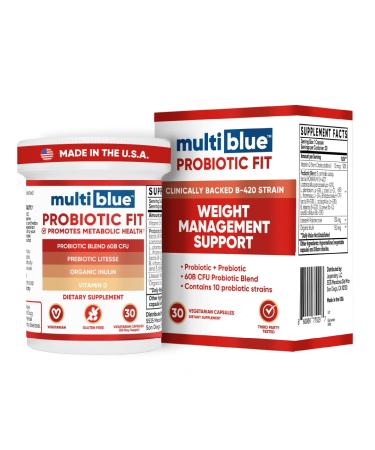 MultiBlue Probiotic Fit Supports Natural GLP-1 & Appetite Control for Women & Men Bifidobacterium B-420 Digestive & Gut Health 10 Probiotic Strains 60 Billion CFU Prebiotic + Vitamin D3 30ct 30 Count (Pack of 1)