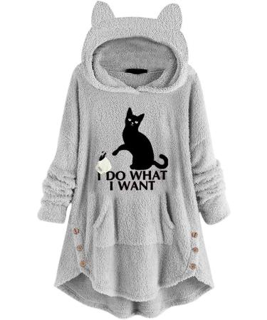 Bigfanshu Women's Coat Hoodies Sweatshirt Fleece Embroidery Cat Ears Button Hem Hoodie Top Pocket Female Blouse Gray - Buy Online on GoSupps.com