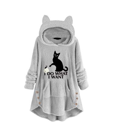 Bigfanshu Women's Coat Hoodies Sweatshirt Fleece Embroidery Cat Ears Button Hem Hoodie Top Pocket Female Blouse Gray