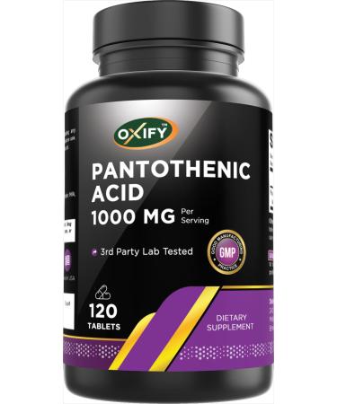 Oxify Panthothenic Acid 1000 mg |120 Tablets | Gluten-Free Non-GMO | Supplement Made in USA