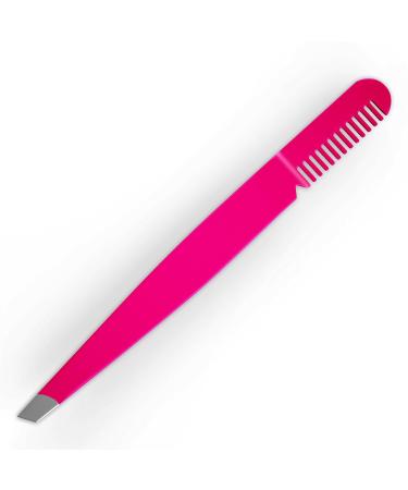 Amaok Eyebrow Tweezer with Comb - Slant Tip  Bright Pink - BOGO SALE Offer - Details Below.