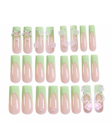 Buy BABALAL Long Press on Nails - 24Pcs Squoval Green French Nails with 3D Flower Charm & Jeweled Design - Handmade Acrylic Glue-ons for Stunning Manicure - Buy Online on GoSupps.com