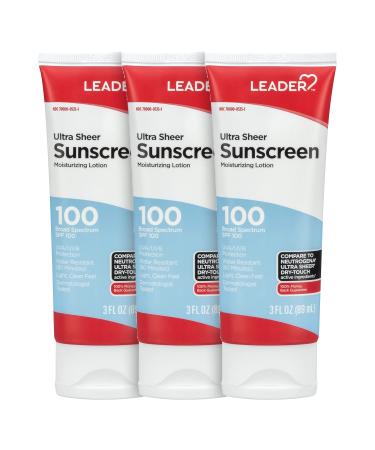 Leader Travel Sunscreen SPF 100+ Ultra Sheer Dry-Touch Water Resistant and Non-Greasy Lotion with Broad Spectrum SPF 100+ 3 Fl Oz (3)