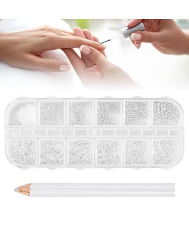GOLRISEN Nail Art Decorations Nail Art Caviar Beads Pearl Nail Charms Metallic Micro Nail Beads 3D Micro Caviar Beads White Nail Pearls with Wax Pencil for DIY 3D Nail Art Design