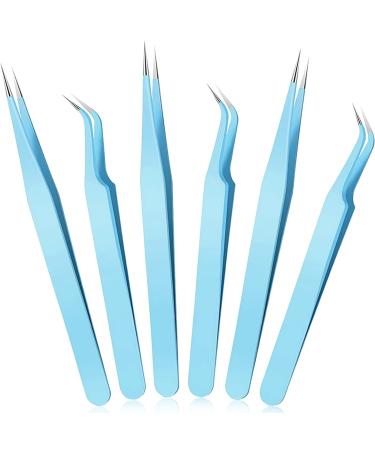 6 Pieces Eyelash Extension Tweezers  Straight and Curved Tip Stainless Steel Tweezers Nippers Volume Lash Tweezers for Eyelash Extensions False Lash Application Tools (Blue)