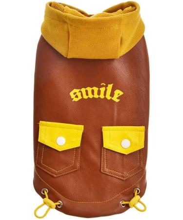 Waterproof Leather Dog Jacket for Women | Cool Hoodie with Smile Print | Warm Pet Sweatshirt & Bags | Dogs & Cats Clothing in Brown XS - Buy Online on GoSupps.com