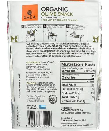 Gaea Organic Snack Pack Pitted Green Olives with Sea Salt and Lemon Juice - 2.3 oz (Pack of 8) â¦ - Buy Online on GoSupps.com