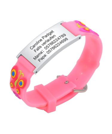 Emergency bracelet SOS Armband Children's phone number-Waterproof silicone Anti Lost Children's name arbitrarge Identification bracelet Children's bracelet Personalized medical ID bracelet for girls boys a-pink-butterfly