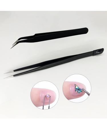 2 PCS Nail Art Tweezers Set - Straight and Curved Tip Rhinestone Stickers Picker Tweezers for Craft & Makeup - Black - Buy Online on GoSupps.com