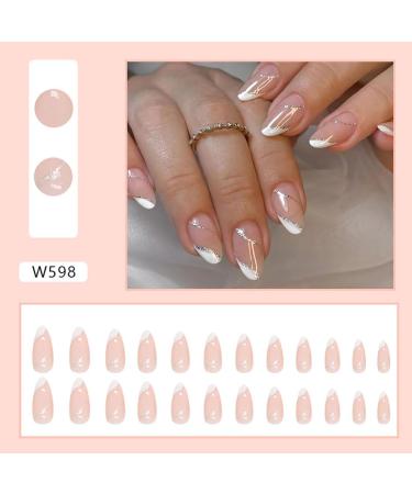 SINLOV Almond False Nails Glitter Press on Nails Nude Long Acrylic Art Full Cover Fake Nails Pink Gradient French Fake Nails for Women and Girls - Buy Online on GoSupps.com
