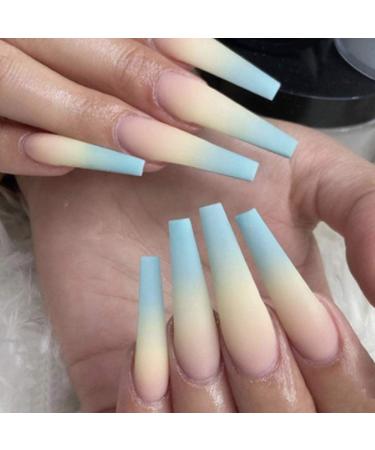 Poliphili 24Pcs Super Long Gradient Press on Removable Wear Fake Nails Ballerina Extra Long Coffin Art Manicure Full Cover Acrylic False Nails Tips for Girls and Women (Yellow Blue)