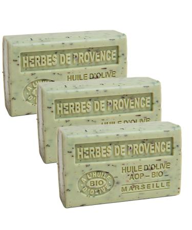 Savon de Marseille - French Exfoliating Soap Made With Pure Organic Olive Oil and Shea Butter - Herbs of Provence Fragrance - 125 Gram Bar - Set of 3