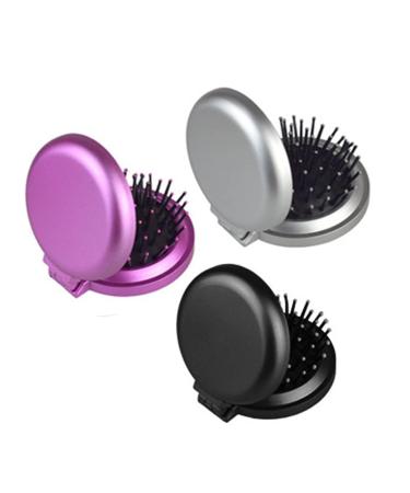 Mini hairbrush 3 pieces of hair brush foldable folding hair brush with mirror travel car brush round hair massage comb in your handbag (black silver purple)