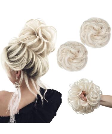 SARLA Updo Messy Bun Hair Piece White Blonde Synthetic Fake Scrunchies Ponytail Extension Wavy Curly for Women Girls 2PCS 2PCS-White Blonde