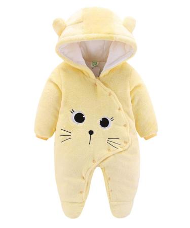 JiAmy Newborn Baby Winter Hooded Romper Fleece Snowsuit Jumpsuit Cartoon Cat Outfits 0-12 Months 6-9 Months Yellow