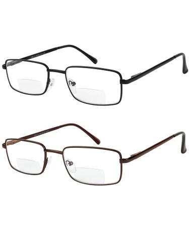 Bifocal Reading Glasses 2 Pack Metal Full Rim Readers Rectangle Glasses for Reading Men and Women +2.5 Black and Brown 2.5 x