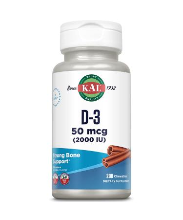 KAL Vitamin D3 Chewables 50 mcg Vitamin D 2000 IU as Cholecalciferol Sugar Free Natural Cinnamon Flavor D3 Vitamin Immune Support & Bone Health 200 Servings 200 Chewables 200 Count (Pack of 1) - Buy Online on GoSupps.com