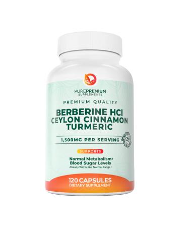 PurePremium Berberine with Ceylon Cinnamon Complex - 1500mg Berberine Supplement HCl Cinnamon & Turmeric Supplement Supports Blood Sugar Levels Already Within Normal Range - 2 Month Supply 120ct