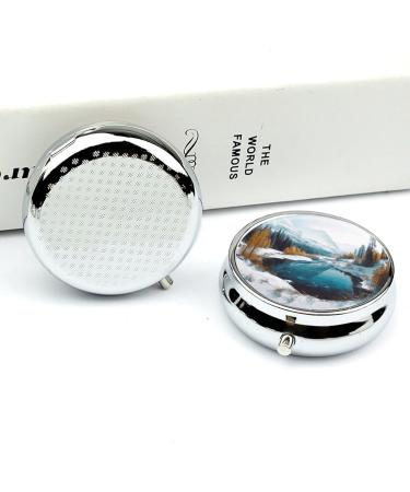 Round Pill Box with Winter Mountains Snow Scene | 3 Compartment Portable Pill Organizer | Decorative Metal Pocket Pill Case - Style 31 - Buy Online on GoSupps.com