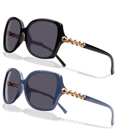 Amorays 2 Pack Bifocal Sunglasses for Women Oversize Vintage with Anti Blue Light Lenses UV400 LS302 Black&Blue 2.0 x