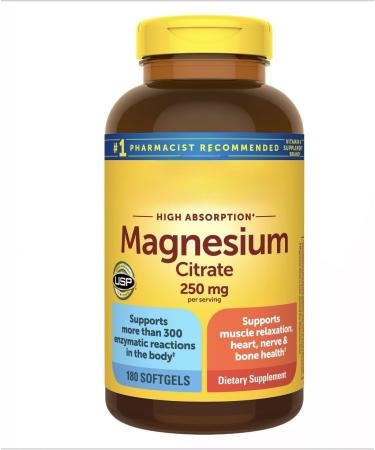 Nature Magnesium Citrate High Absorption Magnesium Citrate Supplement 250mg per Serving 180 Softgels Supports Muscle Heart Nerve and Bone Health