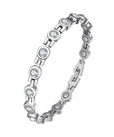 Jecanori Magnetic Bracelet for Women Titanium Steel Magnetic Wristbands with Gorgeous Sparkling Cubic Zirconia Costume Ultra Strength Magnets Jewelry Brazaletes with Removal Tool and Gift Box B-silver
