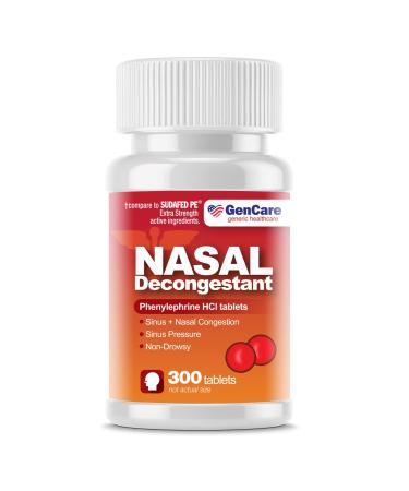 GenCare - Nasal Decongestant (10mg Tablets) Phenylephrine HCl (300 Tablets Per Bottle) | Value Pack Non Drowsy Sinus and Nasal Congestion Relief | Lower Sinus Pressure Due to Allergies or Illness