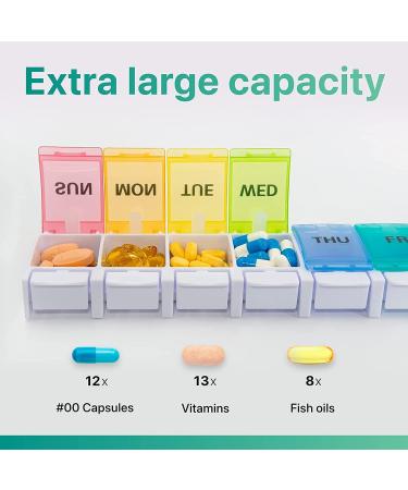 Sukuos Large Weekly Pill Organizer - 7 Day Portable Pill Box for Medications Vitamins & Supplements | Easy Push Button Rainbow Design - Buy Online on GoSupps.com