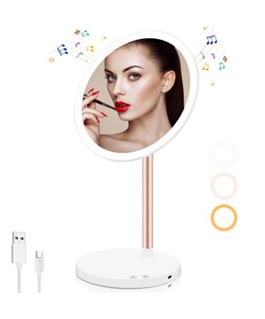 Makeup Mirror with Lights  LED Vanity Mirror  Lighted Bluetooth Makeup Mirror with Stand  Smart Touch 3 Color Dimmable Mirror  USB Rechargeable 45  Rotatable Vanity Mirror for Makeup Desk(White)
