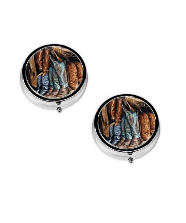 Cowboy Black Hat Western Boots Printed Mini Round Pill Box Pill Box 3 Compartment Medicine Pill Case Pill Organizer Travel Pillbox Portable Pill Box for Pocket Home Office Use