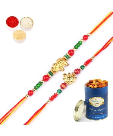 Ghasitaram Gifts Rakhi for Brother Rakhis Online - Set of 2-6043 and 6059 Rakhi Threads with 100 GMS of Dryfruits Mix Can