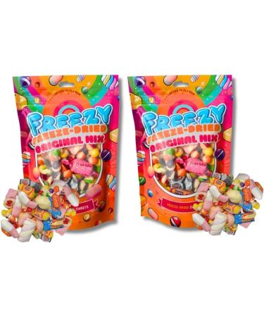 FREEZY FREEZE-DRIED Freezy Freeze Dried Sweets Bundle Original Mix (Pack of 2) Sour Bites includes Original Skittles & Squishes Refresher Candy Fruittella & Fruit Salad Bites Blue Jacks & Marshmallows 120 gms each