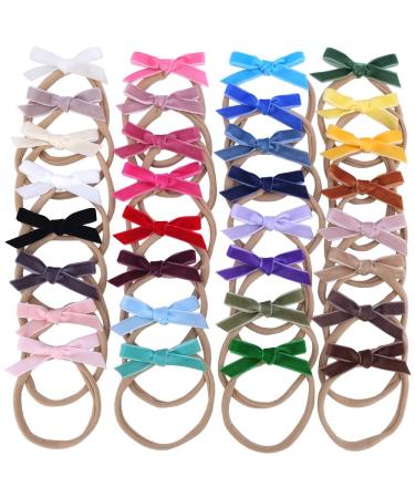 Velvet Bow Soft Stretchy Headbands for Newborn Infant Toddlers Hair Bow Elastic Bands Baby Girls Nylon Hairband (7 CM Mini 32 PCS)