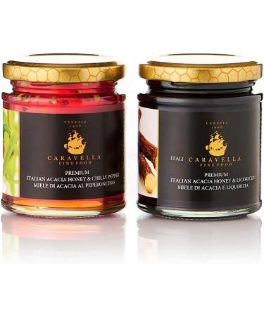 Caravella Fine Food - Tasting/Gift Box - Acacia Honey with Chilli Pepper 250 gr Acacia Honey with Licorice 250 gr - 100% Italian Honey Raw and Pure - Perfect with Cheese - Buy Online on GoSupps.com